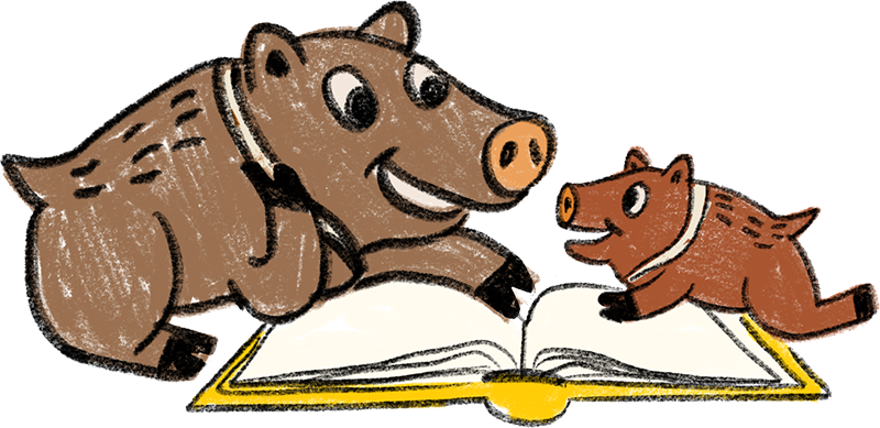 Cartoon javelina family reading a book together